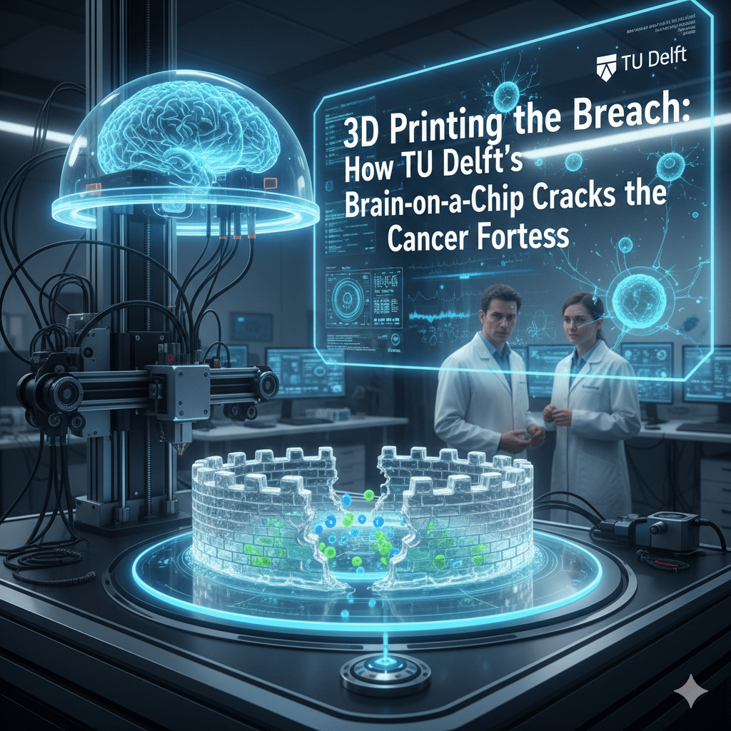 A futuristic laboratory setting at TU Delft showing a high-tech 3D printer bioprinting a "brain-on-a-chip" model that is physically breaching a glowing, holographic stone fortress representing cancer’s defenses, with two scientists observing