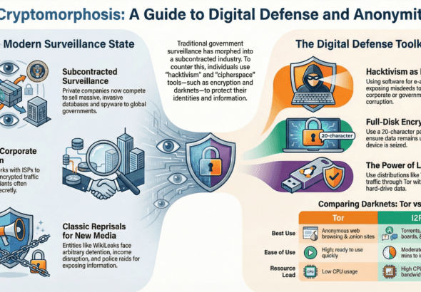 Infographic titled "Beyond the Firewall: The New Digital Underworld." It compares Tor and I2P architectures, details the "VPN Paradox," and lists the 2026 Cypherpunk Toolkit for operational security.