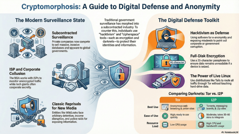 Infographic titled "Beyond the Firewall: The New Digital Underworld." It compares Tor and I2P architectures, details the "VPN Paradox," and lists the 2026 Cypherpunk Toolkit for operational security.