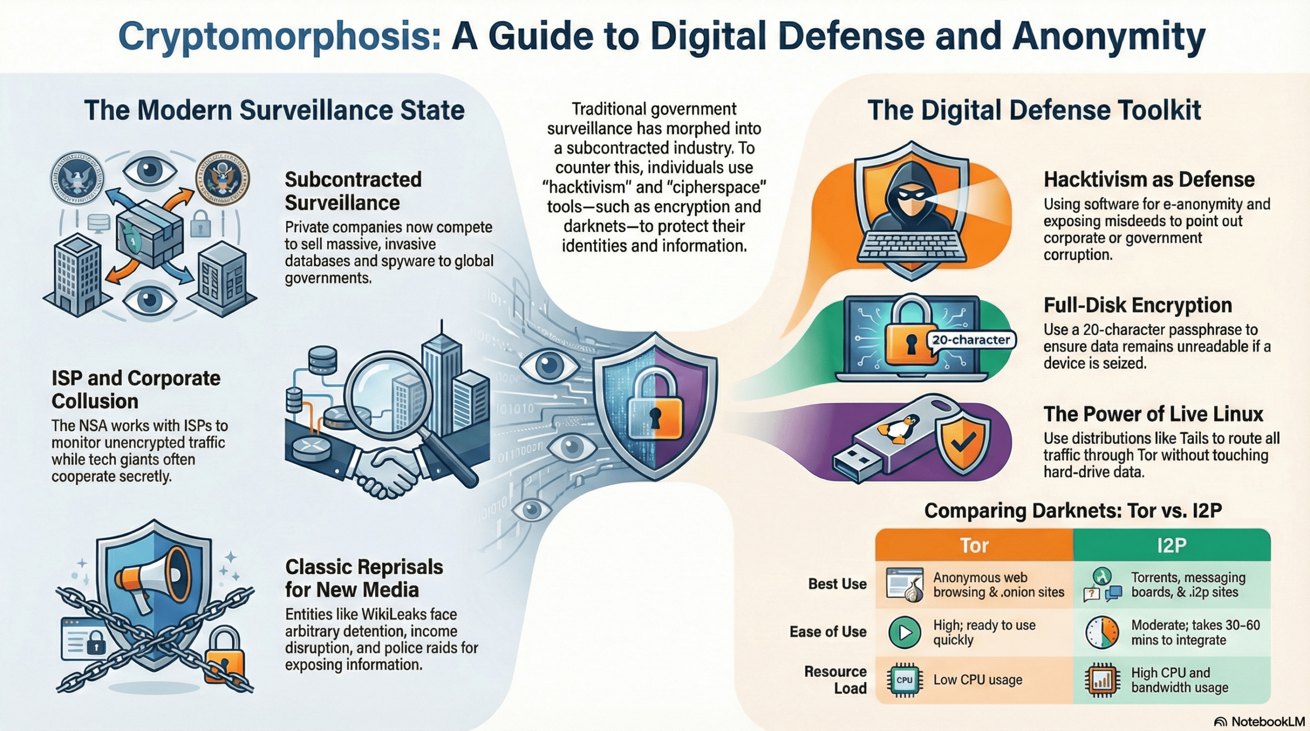 Infographic titled "Beyond the Firewall: The New Digital Underworld." It compares Tor and I2P architectures, details the "VPN Paradox," and lists the 2026 Cypherpunk Toolkit for operational security.